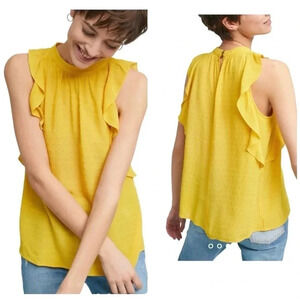 Anthropologie Maeve | Lola Swiss Dot Ruffled Mustard Yellow Blouse Size L